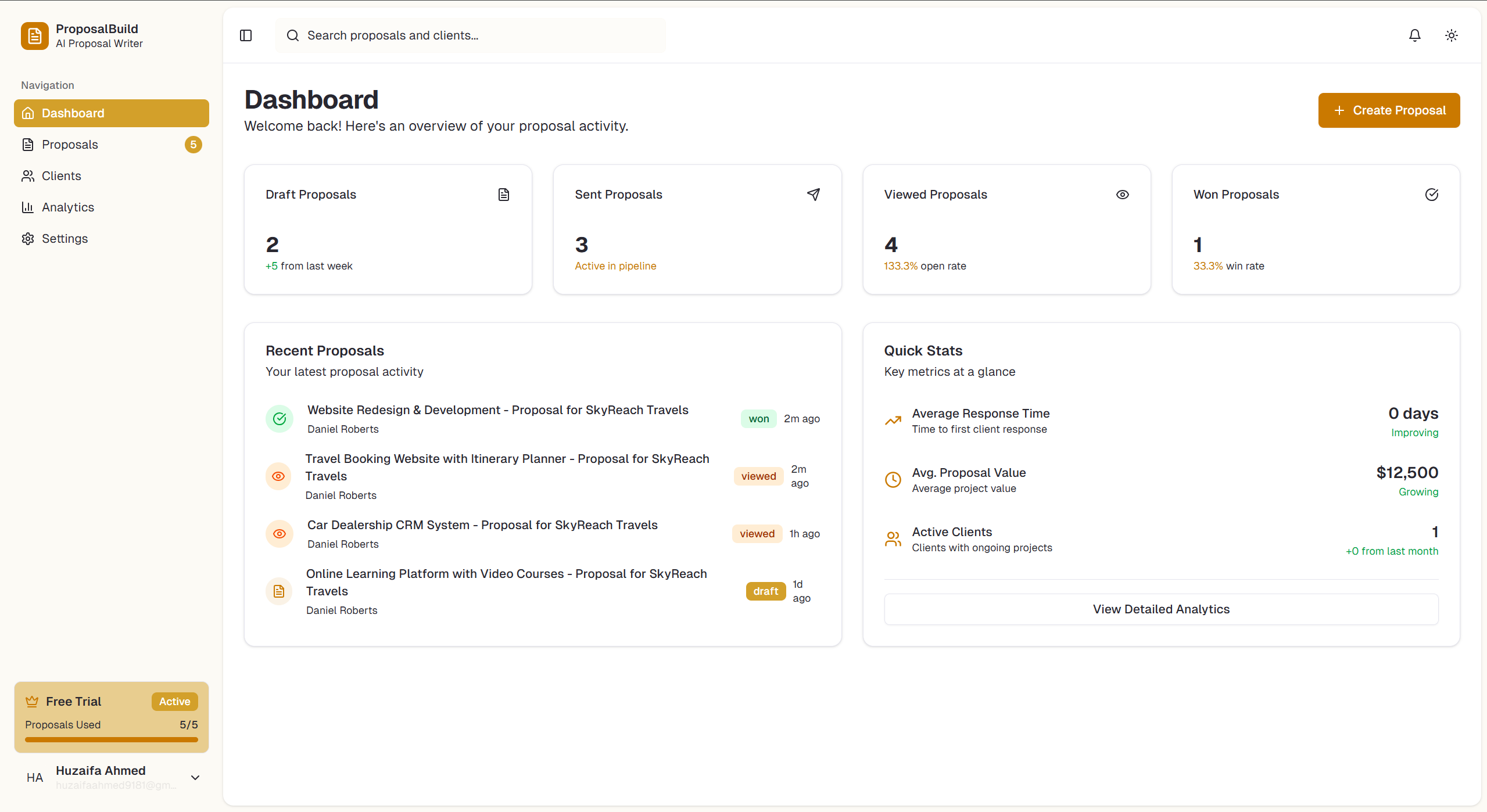 ProposalBuild Analytics Dashboard - Real-time proposal tracking, client engagement metrics, and business intelligence for winning more deals
